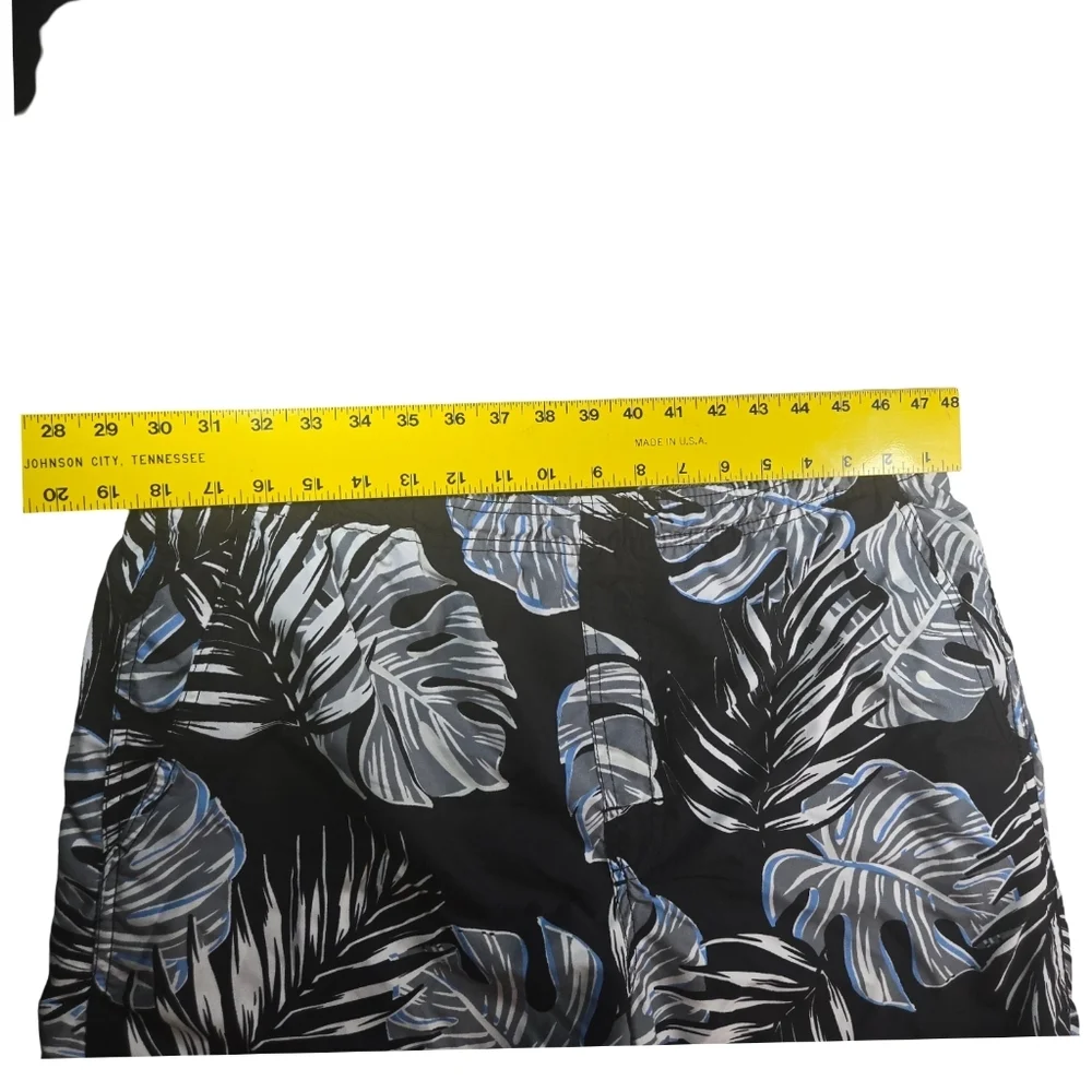 Men's Black and Blue Leaf Print Swim Shorts